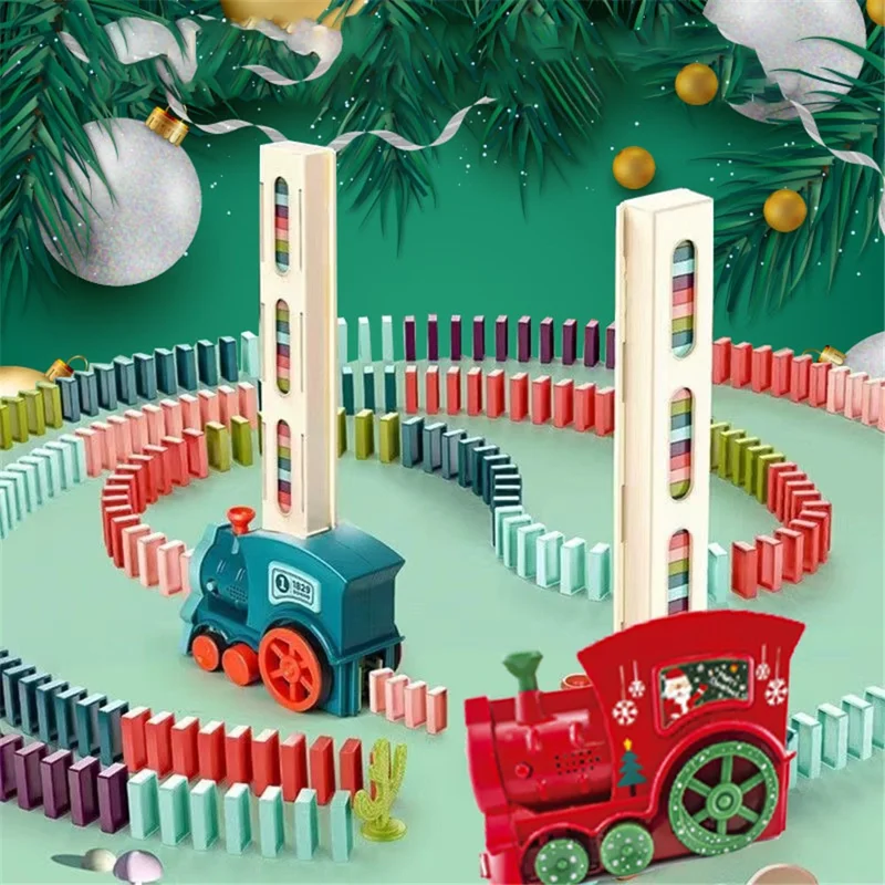 Automatic Laying Domino Blocks LED Light Sound Effects Electric Train Children Toy with 60 Dominoes - Pink