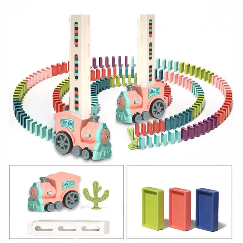 Automatic Laying Domino Blocks LED Light Sound Effects Electric Train Children Toy with 60 Dominoes - Pink