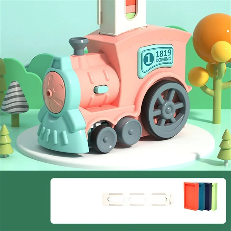 Automatic Laying Domino Blocks LED Light Sound Effects Electric Train Children Toy with 60 Dominoes - Pink