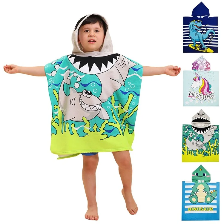 ETPF-1 Cartoon Children Hooded Cape Bath Towel Microfiber Kids Beach Bathrobe Poncho, 60x60cm - Tubarão