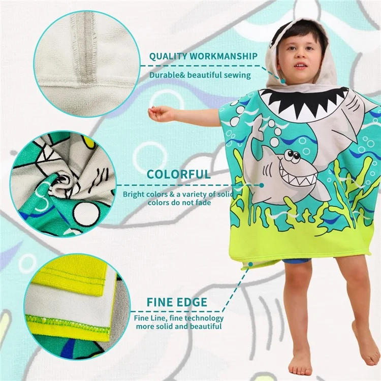 ETPF-1 Cartoon Children Hooded Cape Bath Towel Microfiber Kids Beach Bathrobe Poncho, 60x60cm - Tubarão