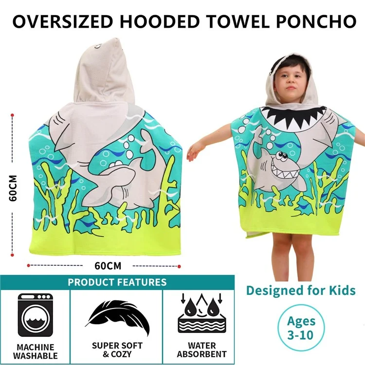 ETPF-1 Cartoon Children Hooded Cape Bath Towel Microfiber Kids Beach Bathrobe Poncho, 60x60cm - Tubarão