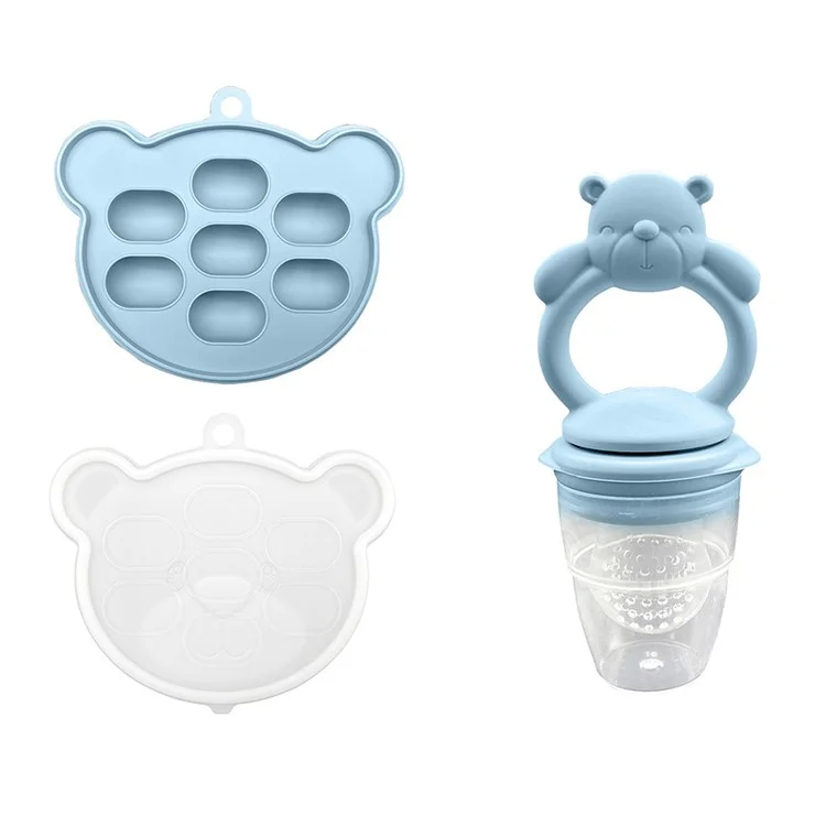 2 In 1 Food Grade Silicone Pacifier with Ice Tray Baby Fruit Vegetable Feeder Teether (BPA Free, with FDA) - Grey Blue+Bear