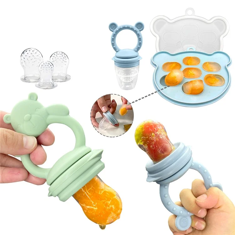 2 In 1 Food Grade Silicone Pacifier with Ice Tray Baby Fruit Vegetable Feeder Teether (BPA Free, with FDA) - Grey Blue+Bear