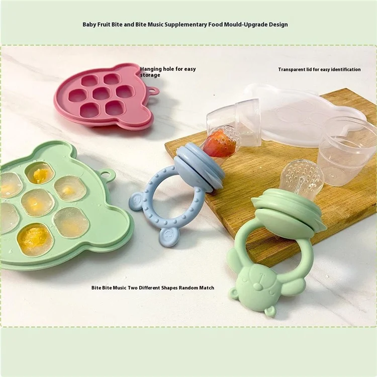 2 In 1 Food Grade Silicone Pacifier with Ice Tray Baby Fruit Vegetable Feeder Teether (BPA Free, with FDA) - Grey Blue+Bear