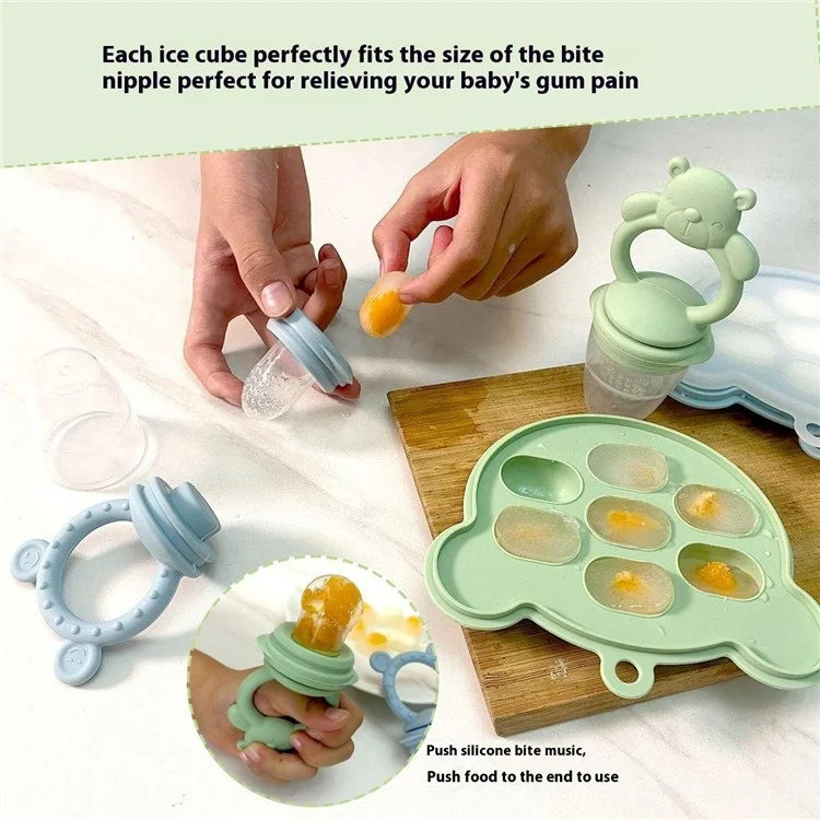 2 In 1 Food Grade Silicone Pacifier with Ice Tray Baby Fruit Vegetable Feeder Teether (BPA Free, with FDA) - Grey Blue+Bear