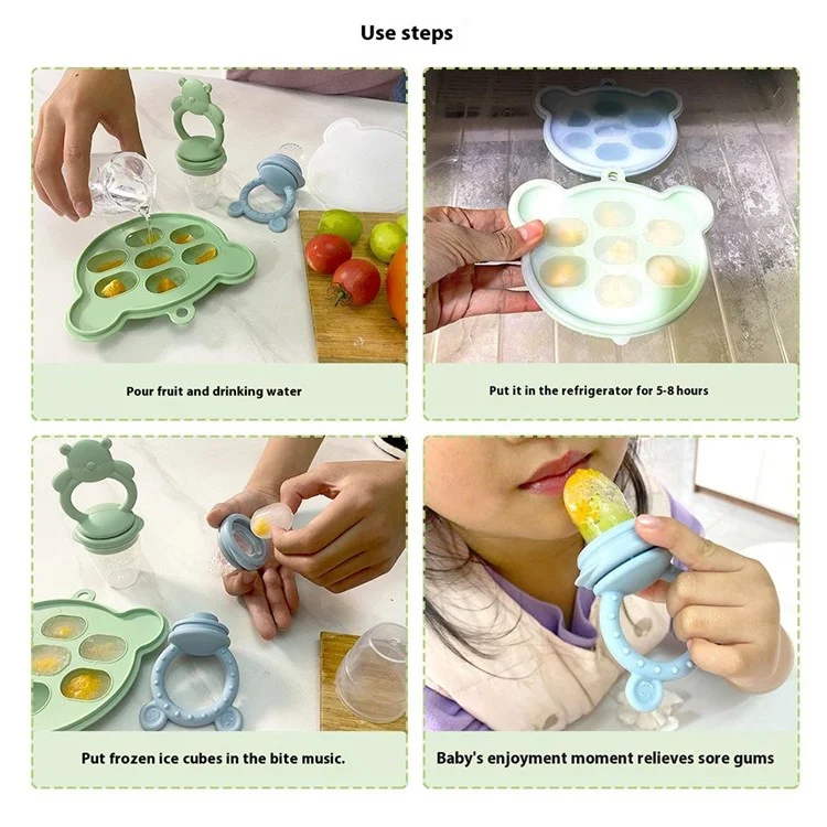 2 In 1 Food Grade Silicone Pacifier with Ice Tray Baby Fruit Vegetable Feeder Teether (BPA Free, with FDA) - Grey Blue+Bear