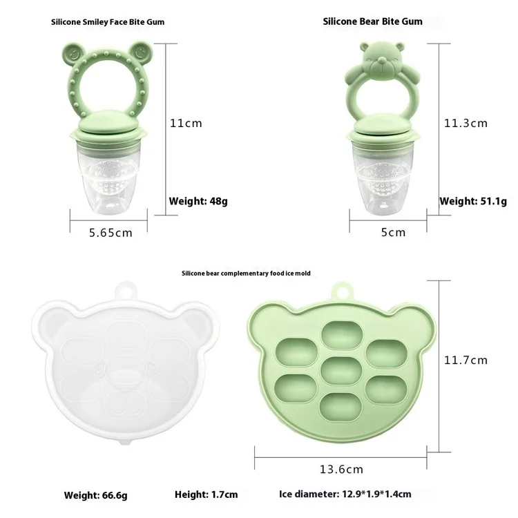 2 In 1 Food Grade Silicone Pacifier with Ice Tray Baby Fruit Vegetable Feeder Teether (BPA Free, with FDA) - Grey Blue+Bear