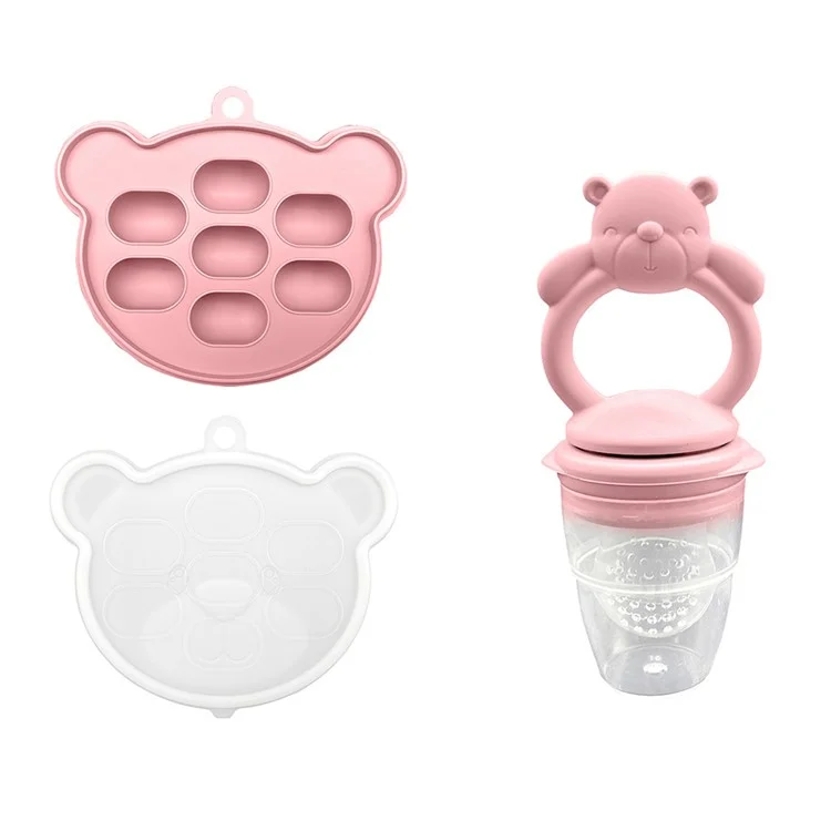 2 In 1 Food Grade Silicone Pacifier with Ice Tray Baby Fruit Vegetable Feeder Teether (BPA Free, with FDA) - Light Pink+Bear