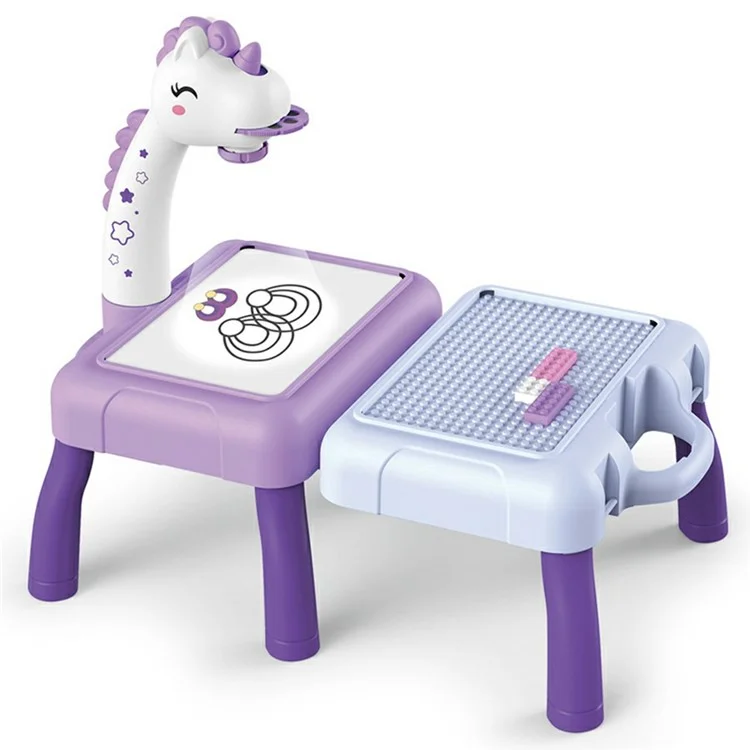 Children DIY Drawing Board Multi-Function Building Block Table Magnetic Writing Board Early Educational Toy - Purple Horse