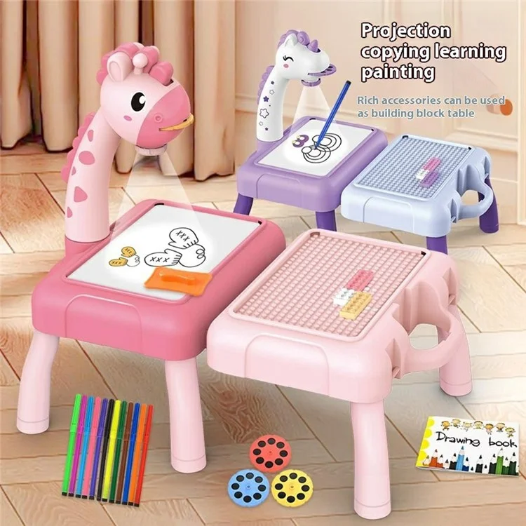 Children DIY Drawing Board Multi-Function Building Block Table Magnetic Writing Board Early Educational Toy - Purple Horse