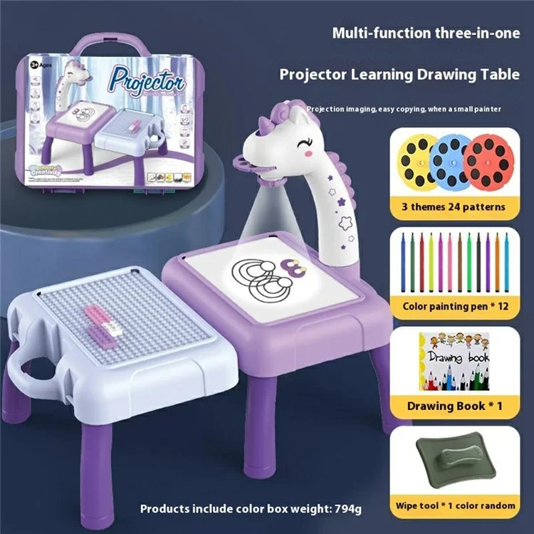 Children DIY Drawing Board Multi-Function Building Block Table Magnetic Writing Board Early Educational Toy - Purple Horse