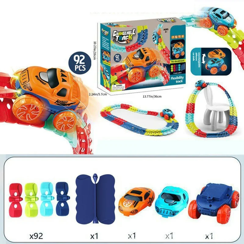 لعبة سيارة المسار الكهربائية المضادة للجاذبية، مجموعة مسار مرنة 92 قطعة، لعبة كتل بناء لقطار سكة حديد، لعبة أفعوانية للأولاد / البنات