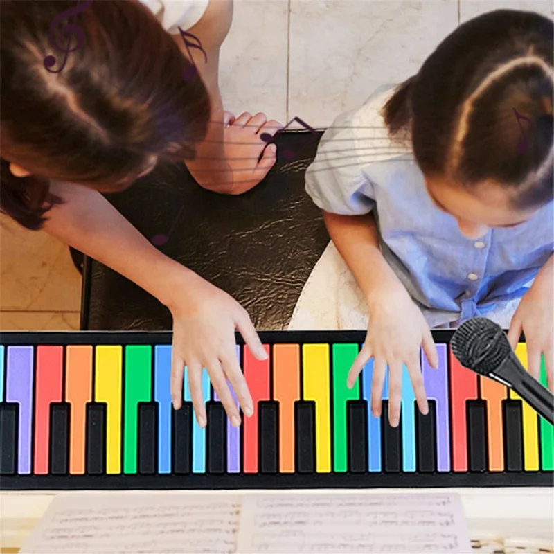 49 Keys Piano Keyboard Rechargeable Roll Up Silicone Electronic Organ Built-in Speaker for Children Beginner - Black  /  White