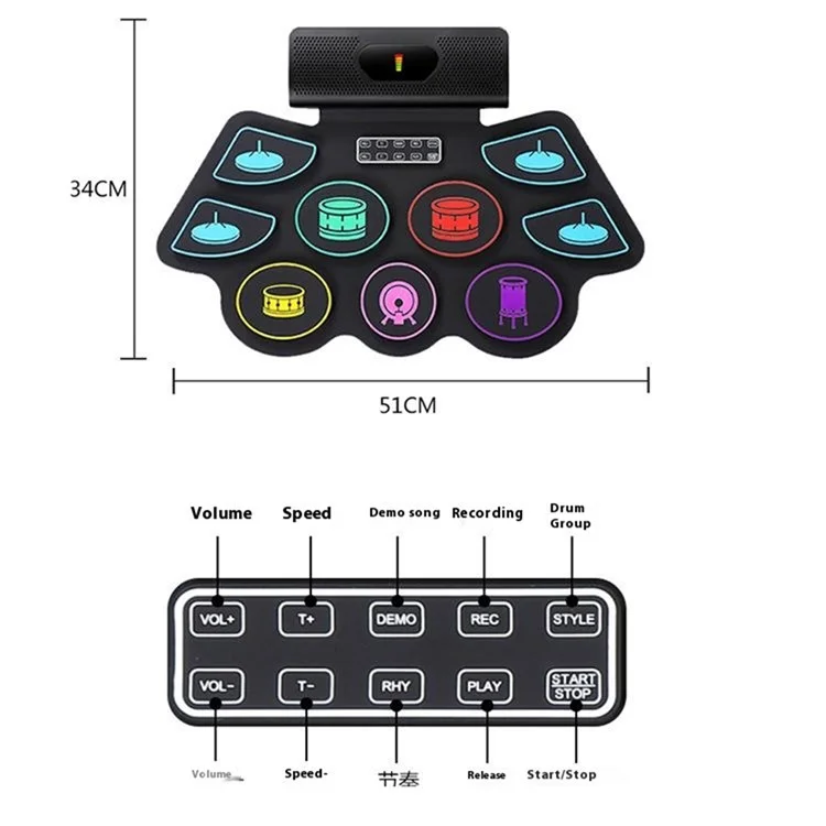 RD93-C 9 Pad elektronisches Schlagzeug-Set Bluetooth tragbare aufrollbare Drum-Übungsplatte mit eingebautem Lautsprecher