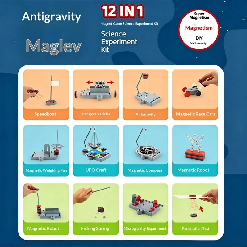 WH2158 12 in 1 Magnetic Science Experiment Kit Anti Gravity Maglev Toy for Kids Ages 8+ - Grey