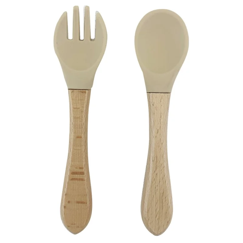 Baby Tableware Fork and Spoon Set Food Grade Silicone Kids Fork and Spoon Baby Feeding Tableware (with FDA, BPA-Free) - Beige