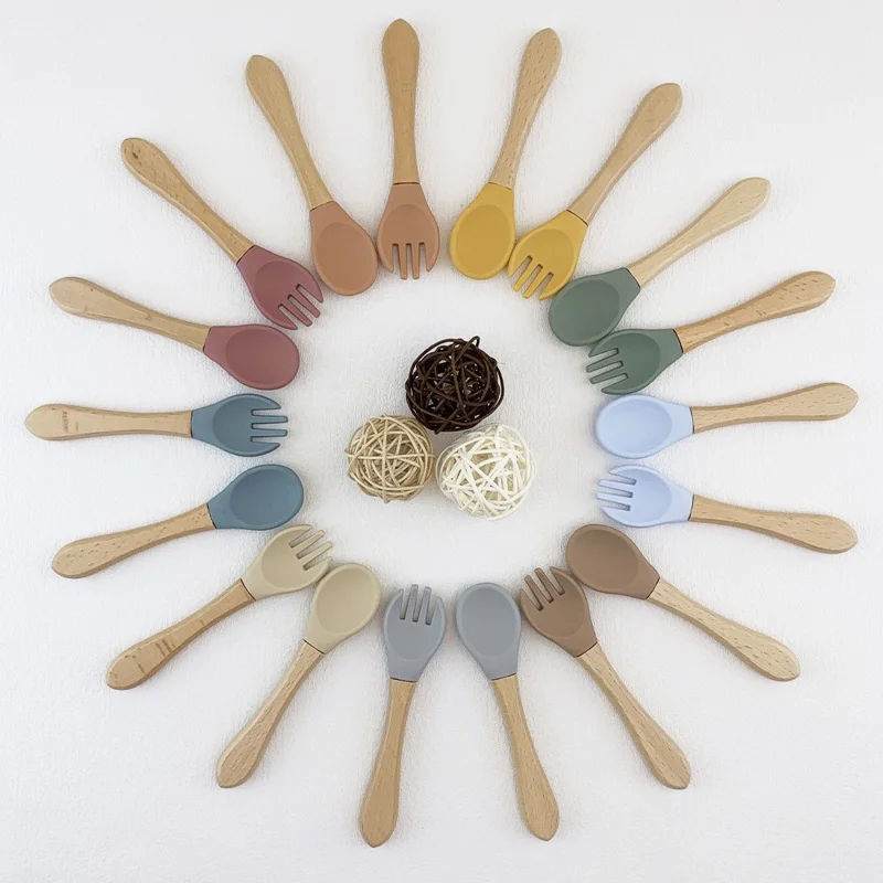 Baby Tableware Fork and Spoon Set Food Grade Silicone Kids Fork and Spoon Baby Feeding Tableware (with FDA, BPA-Free) - Beige
