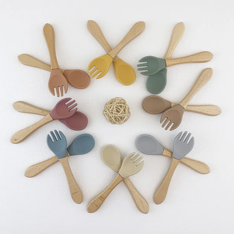 Baby Tableware Fork and Spoon Set Food Grade Silicone Kids Fork and Spoon Baby Feeding Tableware (with FDA, BPA-Free) - Beige