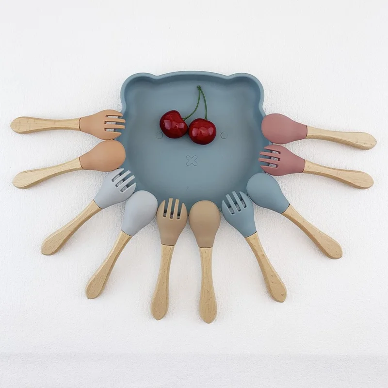 Baby Tableware Fork and Spoon Set Food Grade Silicone Kids Fork and Spoon Baby Feeding Tableware (with FDA, BPA-Free) - Beige