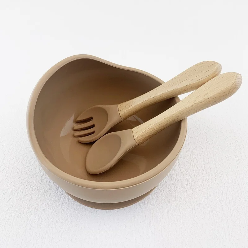 Baby Tableware Fork and Spoon Set Food Grade Silicone Kids Fork and Spoon Baby Feeding Tableware (with FDA, BPA-Free) - Beige