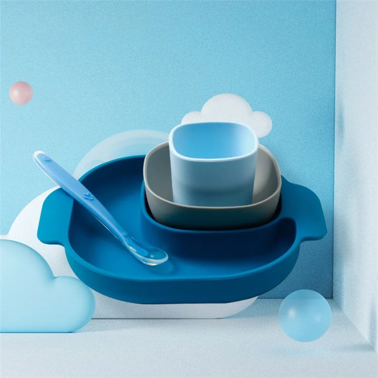 4Pcs Baby Bowl Set with Straw Feeding Plate Silicone Sucker Bowl Feeding Bowl for Kids (with FDA, BPA-Free) - Blue