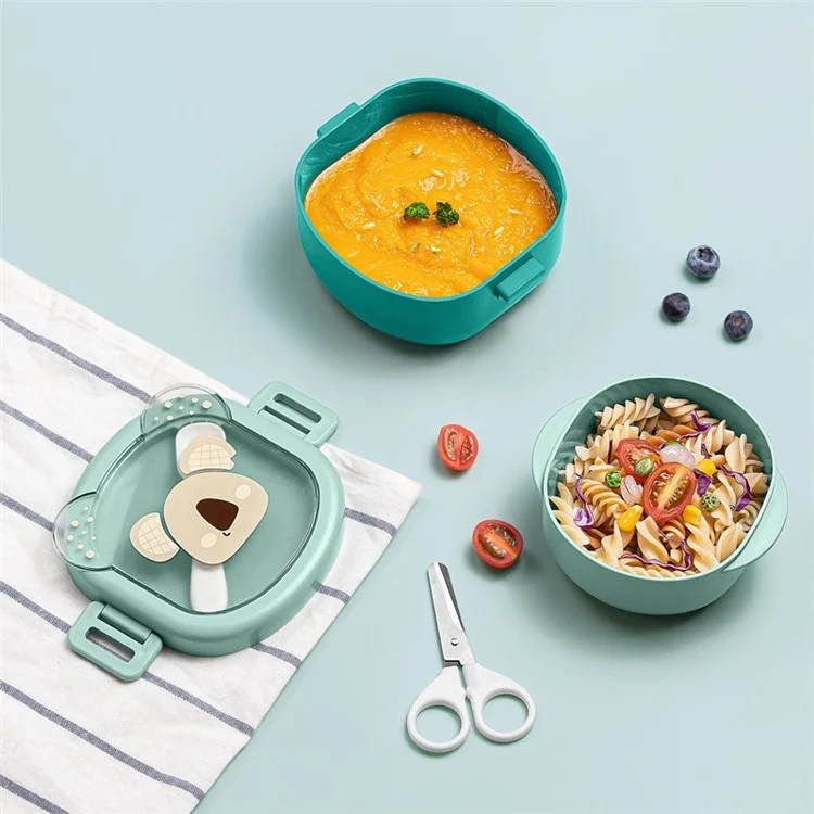 HOGOKIDS Baby Self-Feeding Eating Bowl Tragbares Kinderbesteck-Set mit Schere, Löffel (Kein FDA, BPA-frei) - Grün