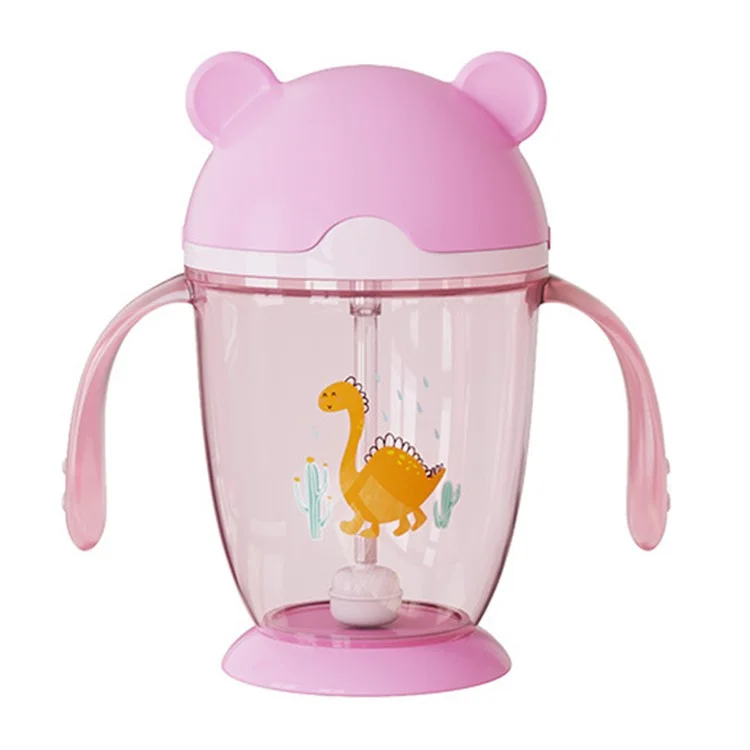 Weighted Ball Sippy Cups for Toddlers 300ml Leakproof PP Water Bottle with Handle and Straw (No FDA Certification, BPA Free) - Light Pink / Bear