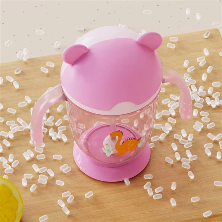 Weighted Ball Sippy Cups for Toddlers 300ml Leakproof PP Water Bottle with Handle and Straw (No FDA Certification, BPA Free) - Light Pink / Bear