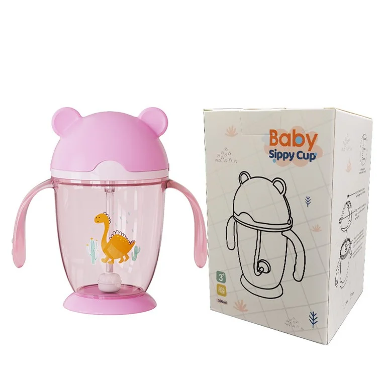 Weighted Ball Sippy Cups for Toddlers 300ml Leakproof PP Water Bottle with Handle and Straw (No FDA Certification, BPA Free) - Light Pink / Bear