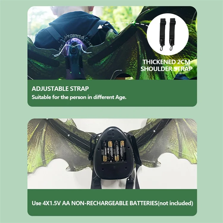Alas de dinosaurio eléctrico para niños al aire libre, efecto de luz portátil para fiestas de cumpleaños, Halloween - Verde