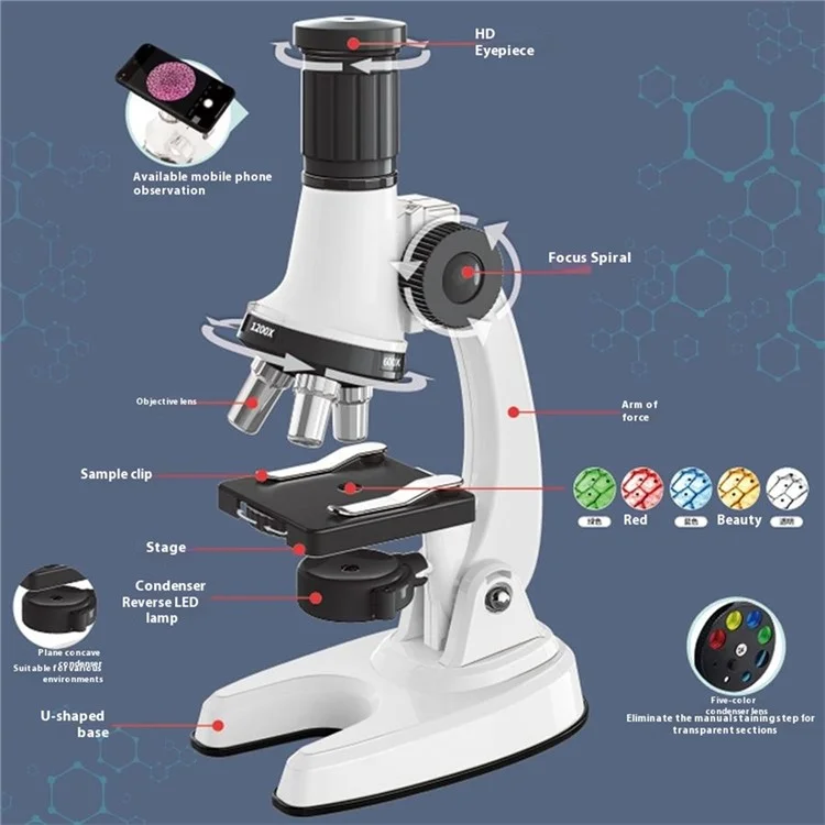 C2227A Kids Microscope Kit 1200x Magnification Kids Beginner Microscope Science Education Experiments