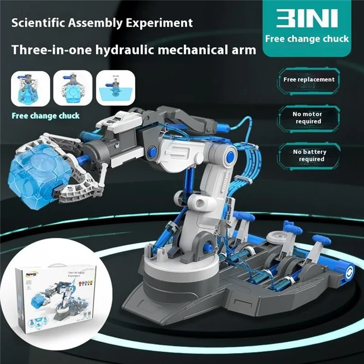 DIY 3-in-1 Zusammengebauter Hydraulischer Roboterarm für Kinder - Wissenschaftliches Experimentier-Puzzle-Spielzeug in Grau + Gelb