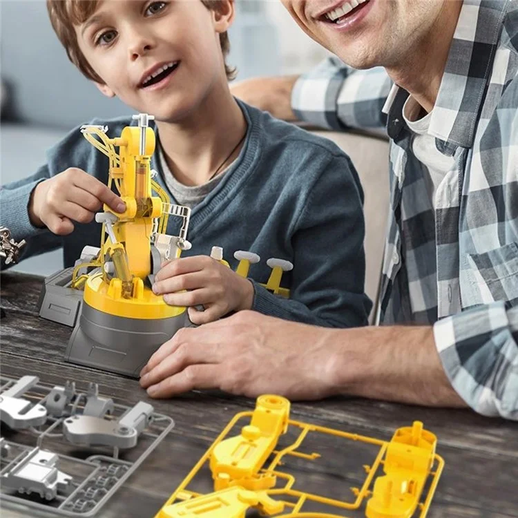 DIY 3-in-1 Zusammengebauter Hydraulischer Roboterarm für Kinder - Wissenschaftliches Experimentier-Puzzle-Spielzeug in Grau + Gelb