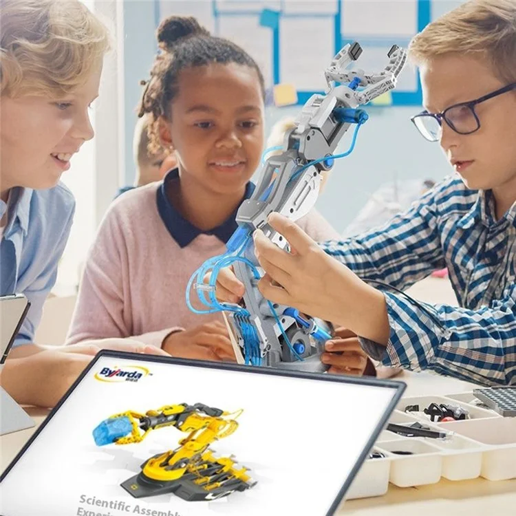 DIY 3-in-1 Zusammengebauter Hydraulischer Roboterarm für Kinder - Wissenschaftliches Experimentier-Puzzle-Spielzeug in Grau + Gelb