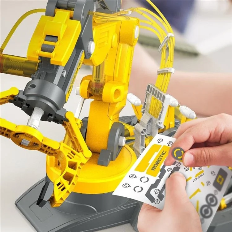 DIY 3-in-1 Zusammengebauter Hydraulischer Roboterarm für Kinder - Wissenschaftliches Experimentier-Puzzle-Spielzeug in Grau + Gelb