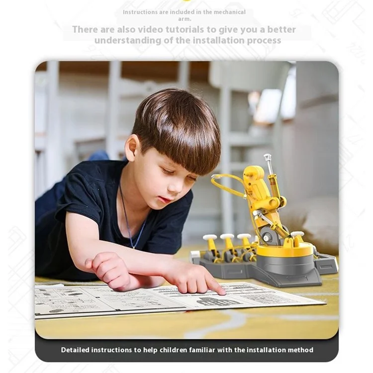 DIY 3-in-1 Zusammengebauter Hydraulischer Roboterarm für Kinder - Wissenschaftliches Experimentier-Puzzle-Spielzeug in Grau + Gelb