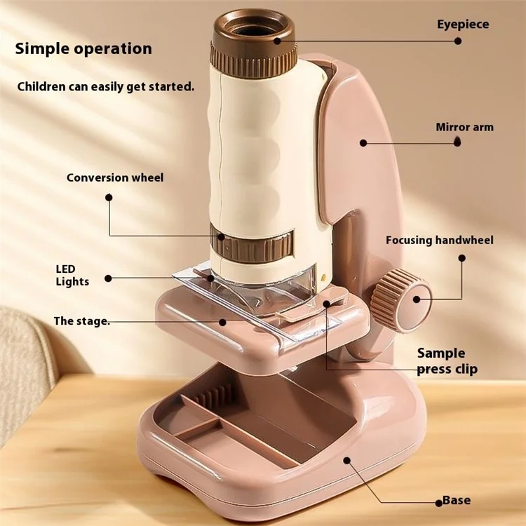 2507 Microscopio portatile tascabile con supporto per bambini, ingrandimento 180X, strumento educativo STEM per l'ottica - Marrone