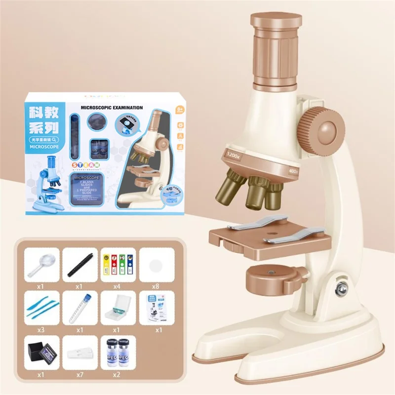 Kit de Microscópio C2502U para Crianças 1200x Ampliação Brinquedo Educacional de Ciências STEM para Experimentos de Biologia - Bege