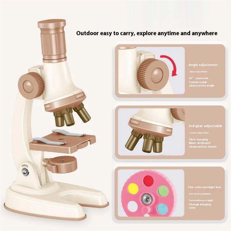 Kit de Microscópio C2502U para Crianças 1200x Ampliação Brinquedo Educacional de Ciências STEM para Experimentos de Biologia - Bege