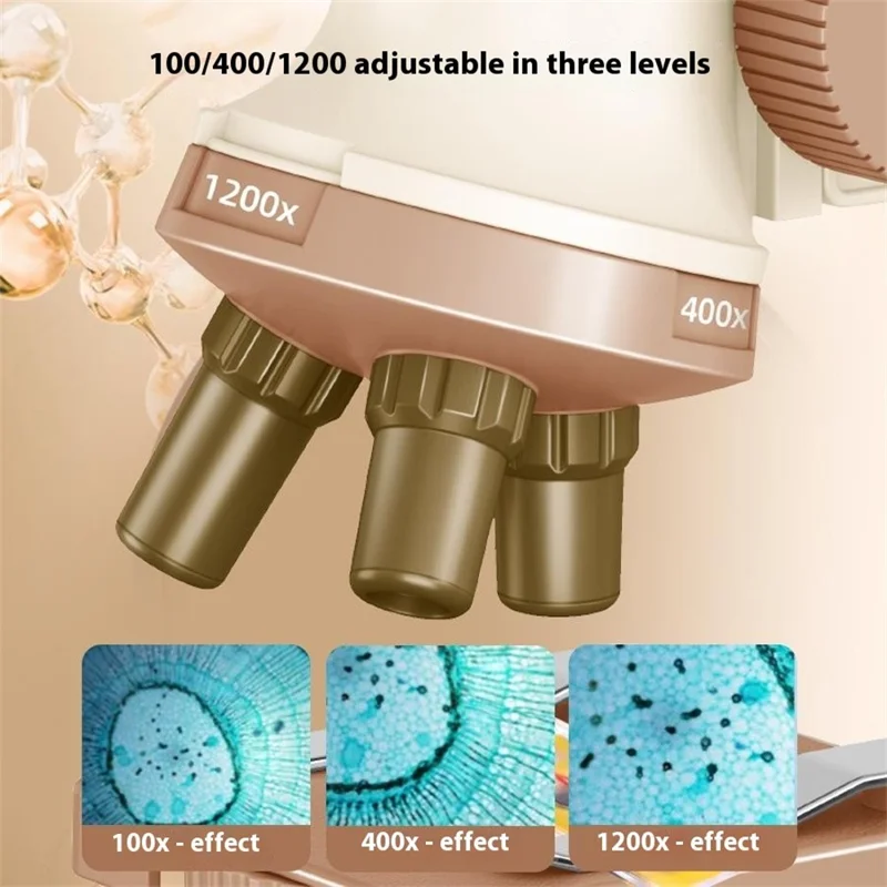 Kit de Microscópio C2502U para Crianças 1200x Ampliação Brinquedo Educacional de Ciências STEM para Experimentos de Biologia - Bege