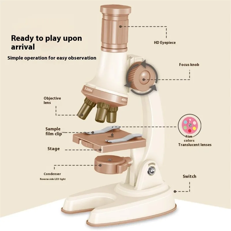 Kit de Microscópio C2502U para Crianças 1200x Ampliação Brinquedo Educacional de Ciências STEM para Experimentos de Biologia - Bege