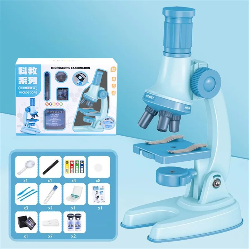 C2502U Kids Microscope Set 1200x Magnification Educational Science Toy STEM Learning Optical Kit for Biology Experiments - Blue