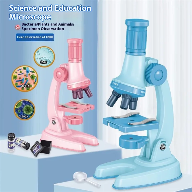 C2502U Kids Microscope Set 1200x Magnification Educational Science Toy STEM Learning Optical Kit for Biology Experiments - Blue