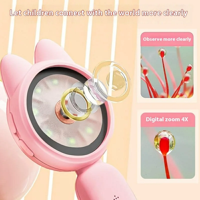 HMO20B 2.0 Inch HD Screen 4X Magnification Portable Digital Microscope with LED Light for Kids - Pink