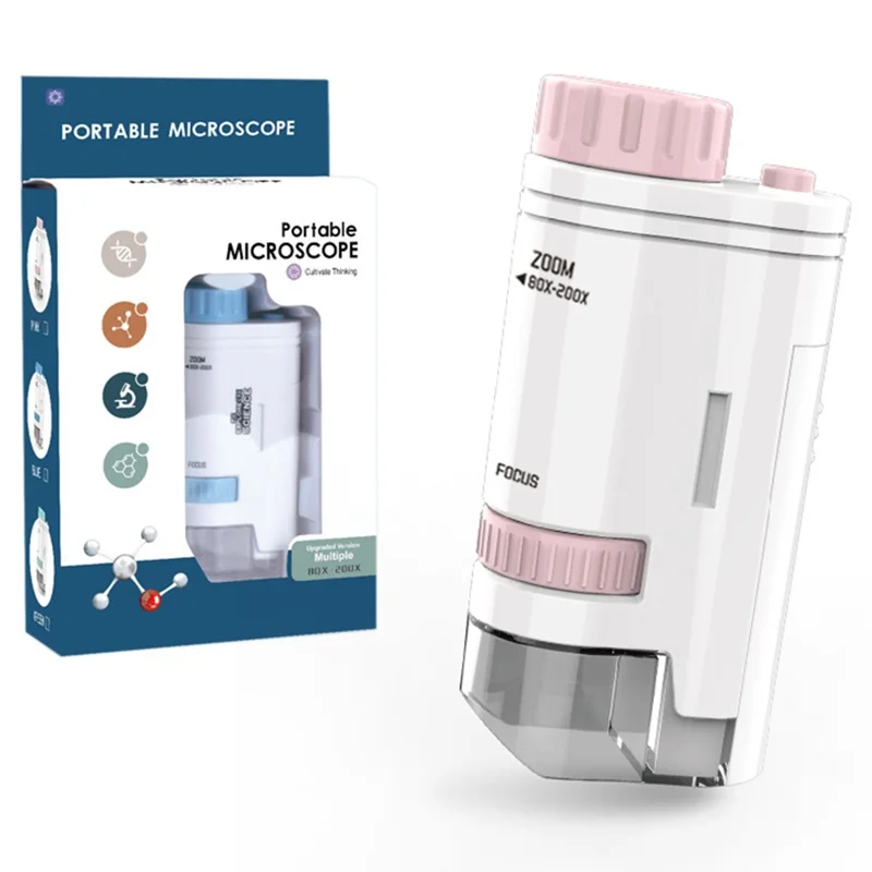 60X-200X Kids Portable Handheld Microscope Outdoor Scientific Microscope with LED Light - Pink