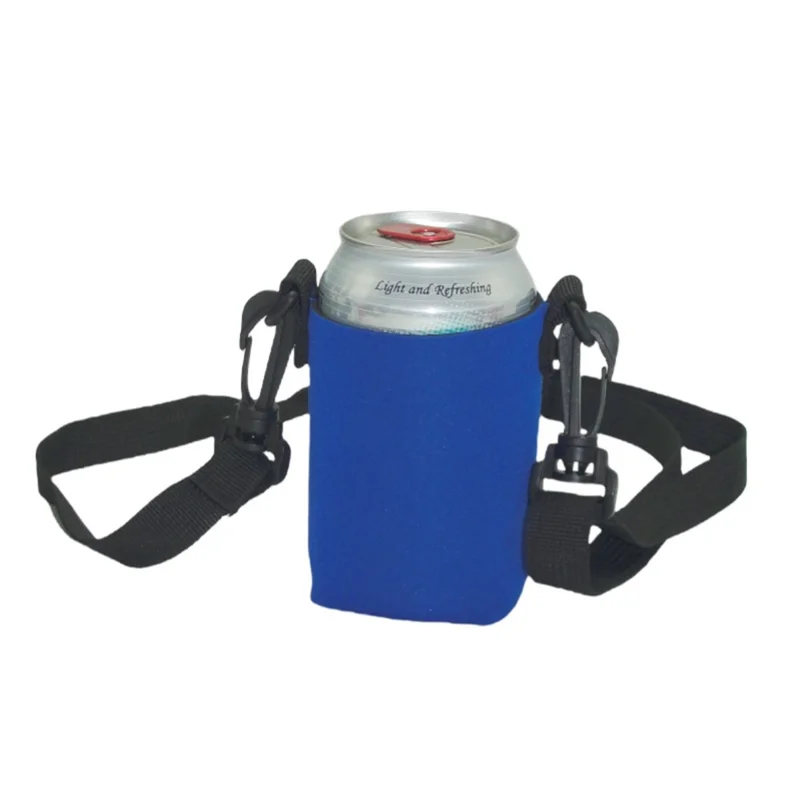 Portable Drink Holder Nylon Fabric Insulated Can Bottle Sleeve with Adjustable Neck Strap for Outdoor Beer - Blue