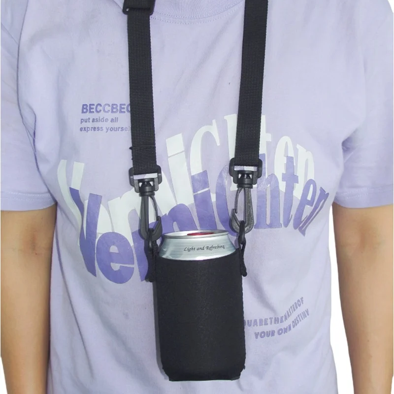 Portable Drink Holder Nylon Fabric Insulated Can Bottle Sleeve with Adjustable Neck Strap for Outdoor Beer - Blue