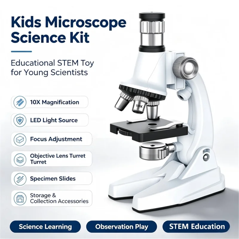 QB3304 Microscópio Infantil com Ampliação de 1200x, Kit de Experiência Científica de Biologia com Luz LED - Branco