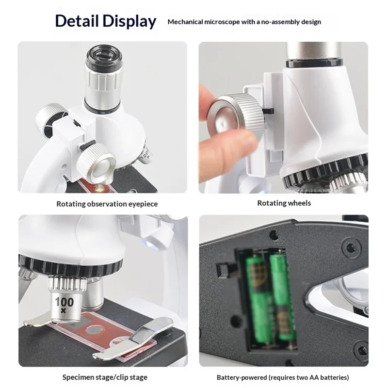QB3304 Microscópio Infantil com Ampliação de 1200x, Kit de Experiência Científica de Biologia com Luz LED - Branco